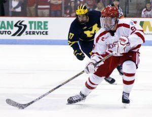 Freshman forward Jack Eichel scored the game-tying goal in the third period of BU's win over Michigan.  PHOTO BY MAYA DEVEREAUX/DAILY FREE PRESS STAFF