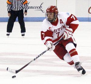 Senior forward Cason Hohmann registered two points Friday night against UMass Amherst. PHOTO BY MAYA DEVEREAUX/DAILY FREE PRESS STAFF