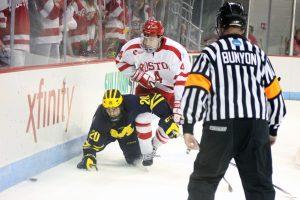 BU freshman defenseman Brandon Hickey had seven shots against Harvard on Tuesday. PHOTO BY MAYA DEVEREAUX/DAILY FREE PRESS STAFF