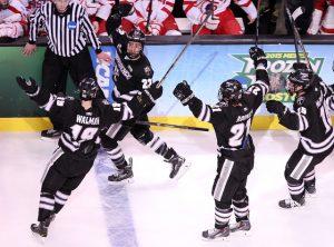 Brandon Tanev celebrates his goal.  PHOTO BY MAYA DEVEREAUX DAILY FREE PRESS STAFF