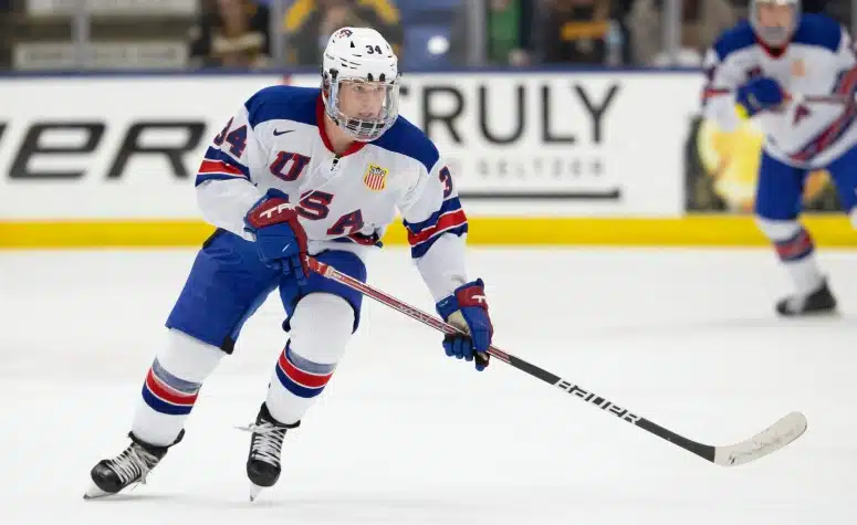 Cole Eiserman (above) was selected 20th overall to the New York Islanders, marking one of the five incoming Terriers to be selected in the 2024 NHL Draft. (Rena Laverty/USA Hockey).
