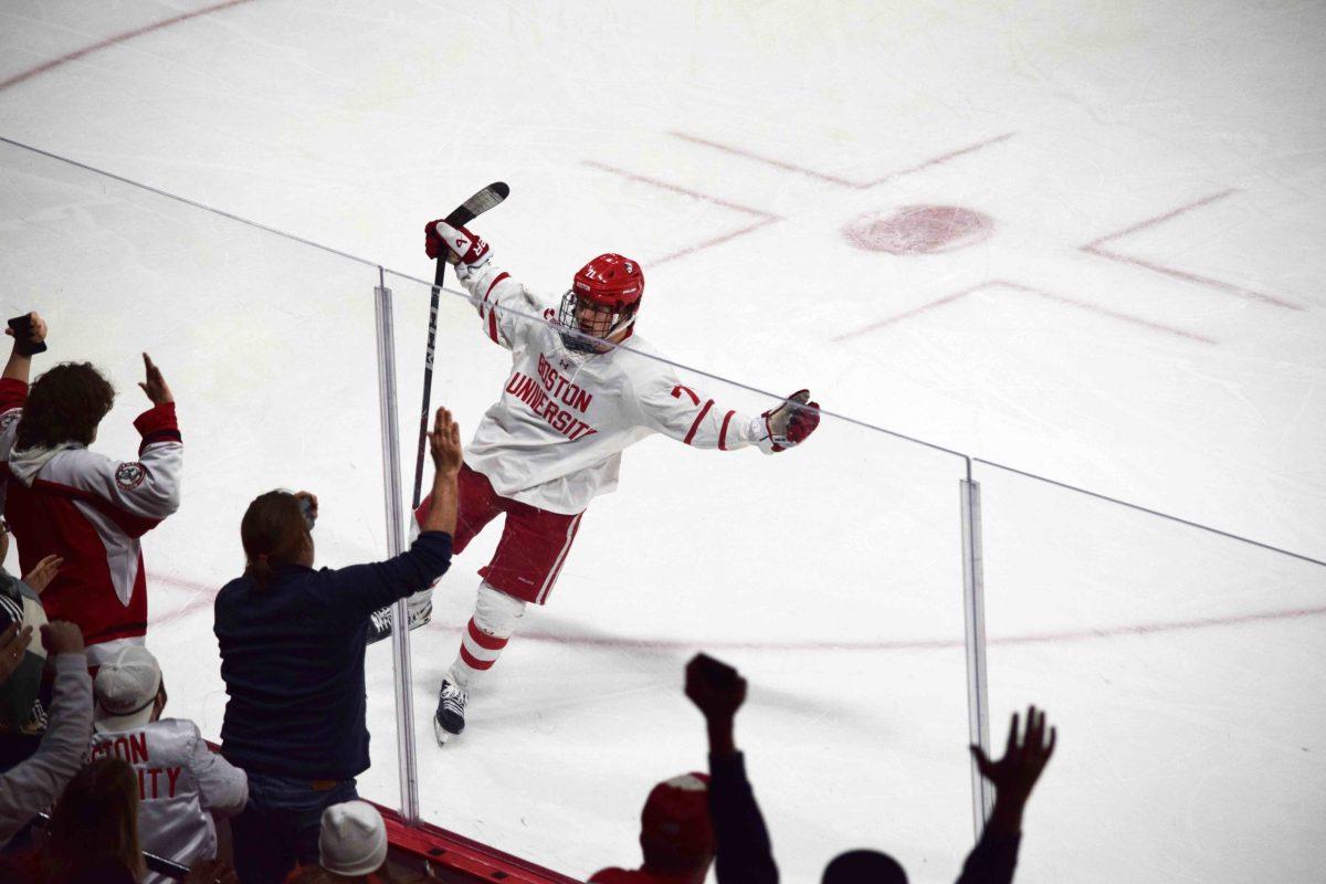 Macklin Celebrini scores his 30th goal of the season against Northeastern. Gracie Davenport / Boston Hockey Blog