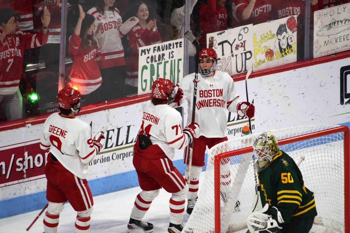 Quinn Hutson hat trick leads Terriers to 6-1 win over Vermont