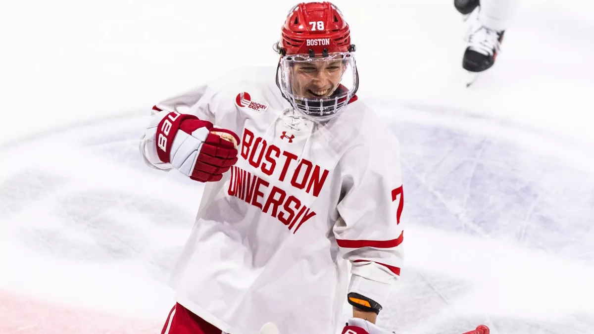 Rising sophomore defenseman Sascha Boumedienne is projected to go in the first round of Friday's NHL Draft. (Matt Woolverton/BU Athletics)