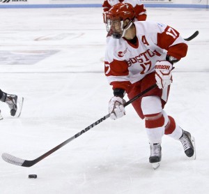 Senior assistant captain Evan Rodrigues had two goals in BU's victory over Boston College on Friday. (PHOTO BY MAYA DEVEREAUX/DAILY FREE PRESS STAFF)