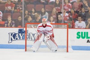 Freshman goaltender Jake Oettinger. PHOTO BY JUSTIN HAWK/DAILY FREE PRESS