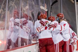 BU celebrates its second goal in Saturday's 2-2 overtime draw with Providence College. PHOTO BY JOHN KAVOURIS/DAILY FREE PRESS