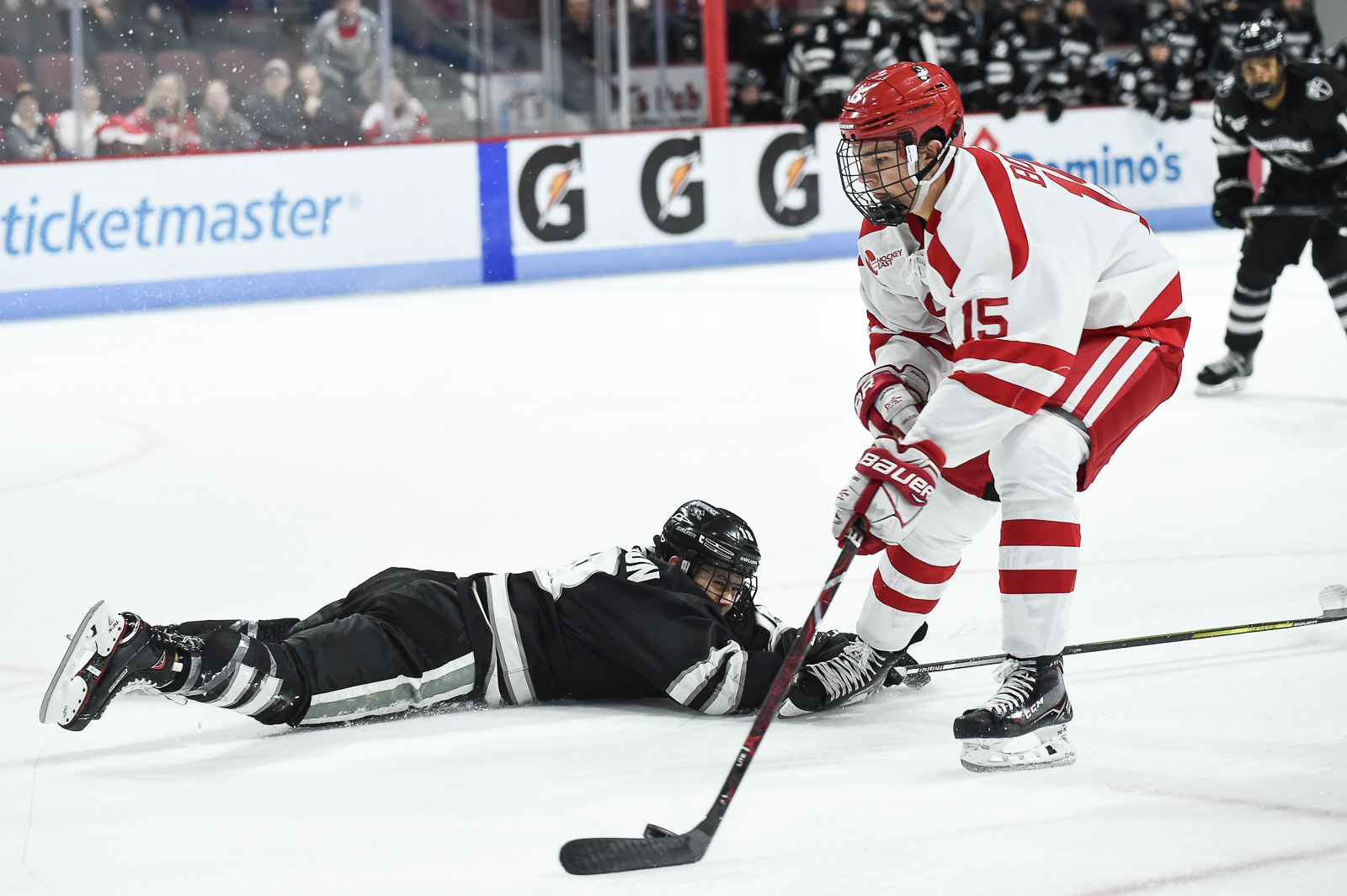 Freshman forward Shane Bowers with the puck in BU's 2-0 win against Providence College. PHOTO BY MADDIE MAHOLTRA/ DAILY FREE PRESS STAFF